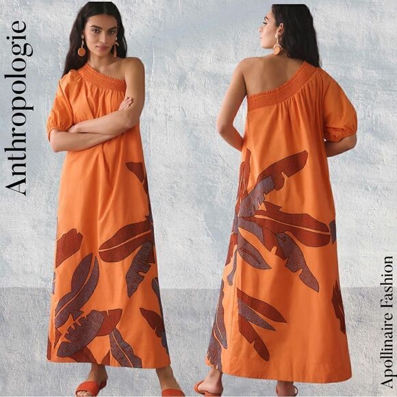 ANTHROPOLOGIE MAEVE ONE SHOULDER EMBROIDERED MAXI DRESS ORANGE SIZE 3X - Picture 4 of 9